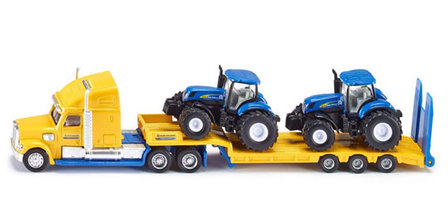Siku vrachtwagen met dieplader en new holland tractoren