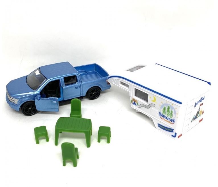 Siku blauwe Ford pickup met camper opbouw